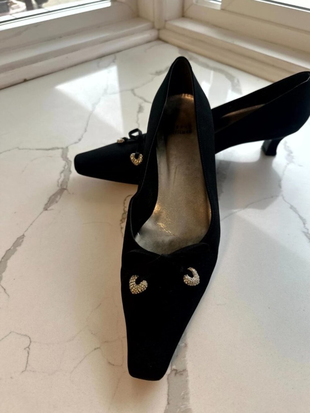 Vintage STUART WEITZMAN Black Satin Crystal Heart Pointed Kitten Heels Size 10 M